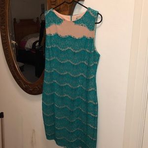 Touché Sheath dress illusion nude under teal lace